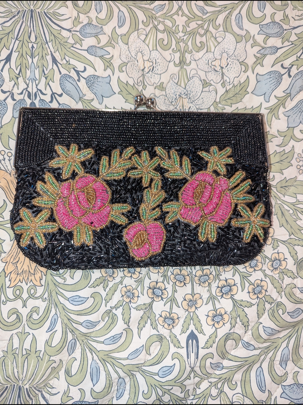 Black Beaded Clutch with Pink Floral Embroidery - Picture 3 of 5